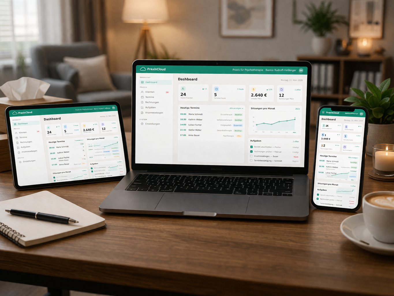 PraxisCloud Dashboard auf Laptop, Tablet und Smartphone — Praxisverwaltung für Therapeuten